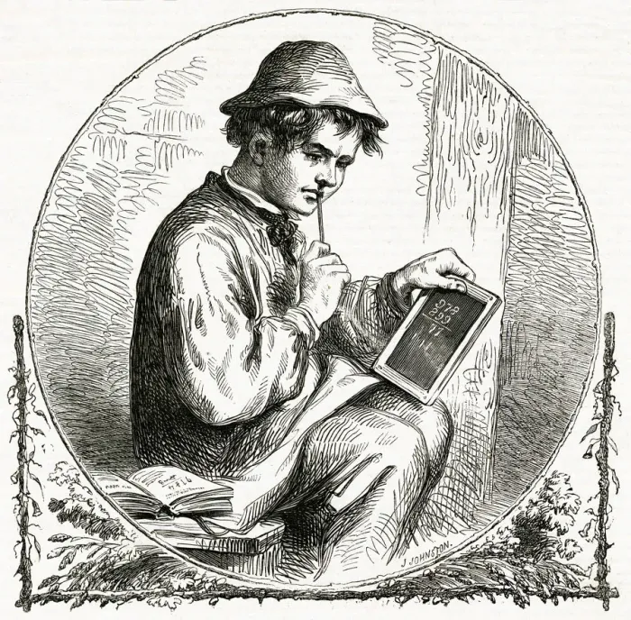 Framed Print : English Yokel practising maths on slate 1858 Framed Print : English Yokel practising maths on slate 1858