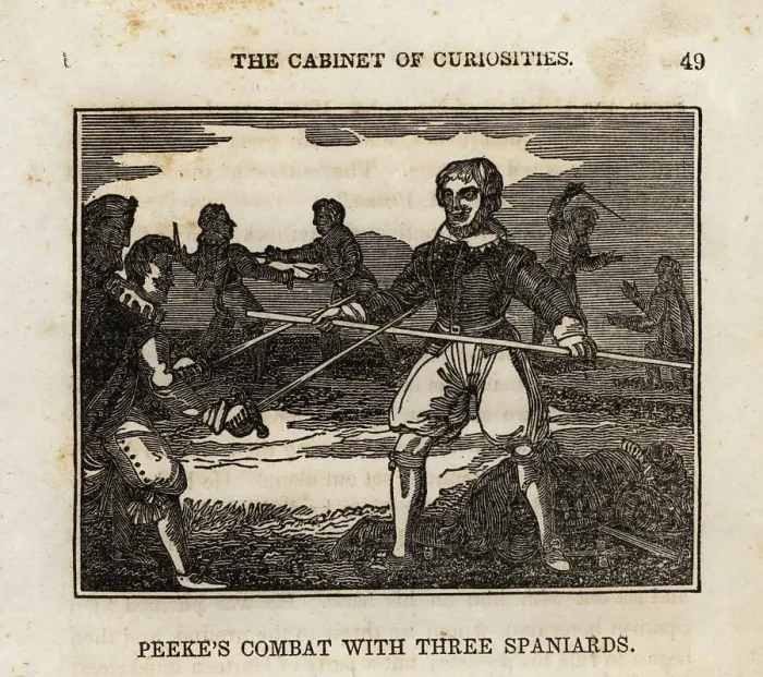 Framed Print : Englishman dueling three Spanish swordsmen, 1625 Framed Print : Englishman dueling three Spanish swordsmen, 1625