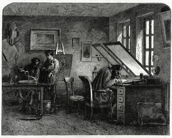 Framed Print : The Engravers Workshop, Engraving and Printing on Copper