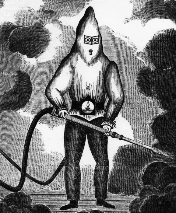 Framed Print : Engraving of firefighter in protective clothing Framed Print : Engraving of firefighter in protective clothing