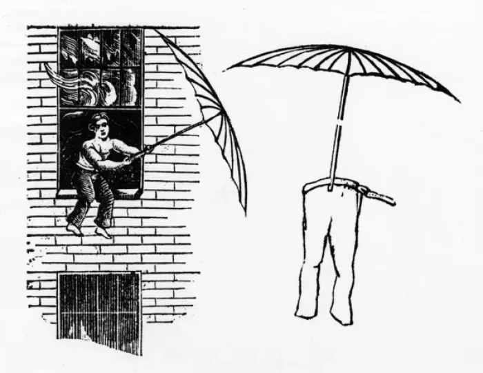Framed Print : Engraving of man escaping fire via parachute Framed Print : Engraving of man escaping fire via parachute
