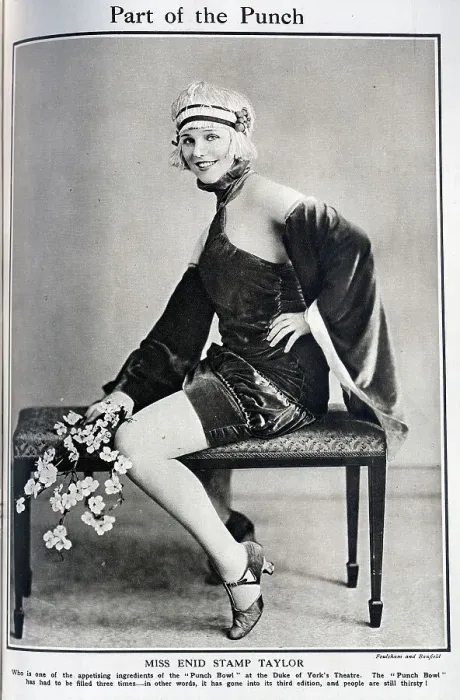 Framed Print : Enid Stamp Taylor, actress, theatrical studio portrait in velvet costume astride upholstered bench. Captioned, Part of the Punch'. Enid Georgiana Stamp Taylor (1904-1946) actress, was appearing in The Punch Bowl Framed Print : Enid Stamp Taylor, actress, theatrical studio portrait in velvet costume astride upholstered bench. Captioned, Part of the Punch'. Enid Georgiana Stamp Taylor (1904-1946) actress, was appearing in The Punch Bowl