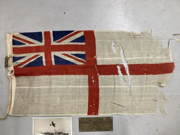 : Ensign of MTB 770 and brass plaque, D-Day landings, WW2 : Ensign of MTB 770 and brass plaque, D-Day landings, WW2