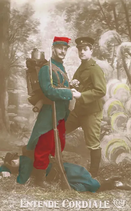 Framed Print : Entende Cordiale - two enemy soldiers holding hands Framed Print : Entende Cordiale - two enemy soldiers holding hands