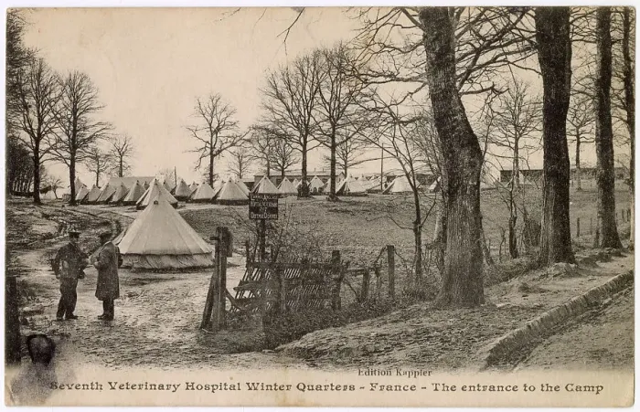 Framed Print : Entrance to camp, Seventh Veterinary Hospital, British Army, winter quarters, France, WW1 Date: circa 1914 Framed Print : Entrance to camp, Seventh Veterinary Hospital, British Army, winter quarters, France, WW1 Date: circa 1914