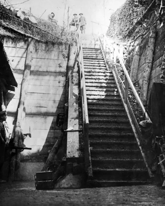 Framed Print : Entrance to captured German dugout, Western Front, WW1 Framed Print : Entrance to captured German dugout, Western Front, WW1