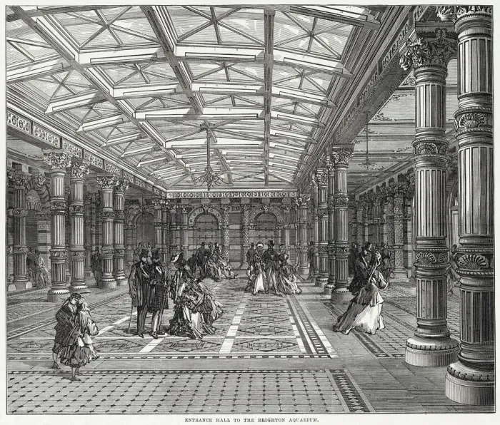 Framed Print : Entrance Hall to the Brighton Aquarium, designed by Eugenius Birch. Date: 1872 Framed Print : Entrance Hall to the Brighton Aquarium, designed by Eugenius Birch. Date: 1872