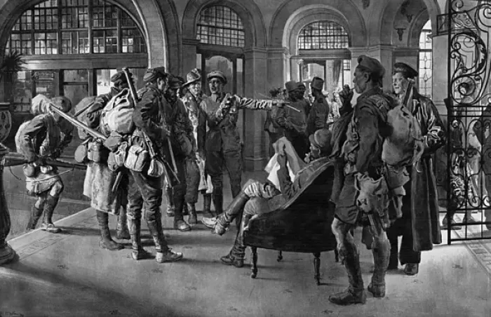Framed Print : Entrance hall of the Union Jack Club by Matania, WW1 Framed Print : Entrance hall of the Union Jack Club by Matania, WW1