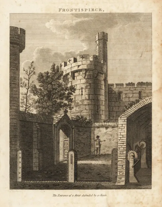 Framed Print : The entrance of a street defended by a chain Framed Print : The entrance of a street defended by a chain