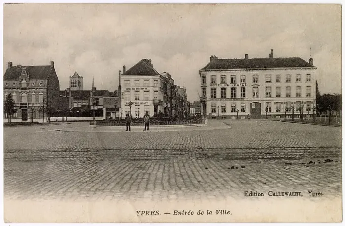 Framed Print : Entrance to the town of Ypres, Belgium, with the Hotel de France and Hotel des Brasseurs. Date: circa 1912 Framed Print : Entrance to the town of Ypres, Belgium, with the Hotel de France and Hotel des Brasseurs. Date: circa 1912