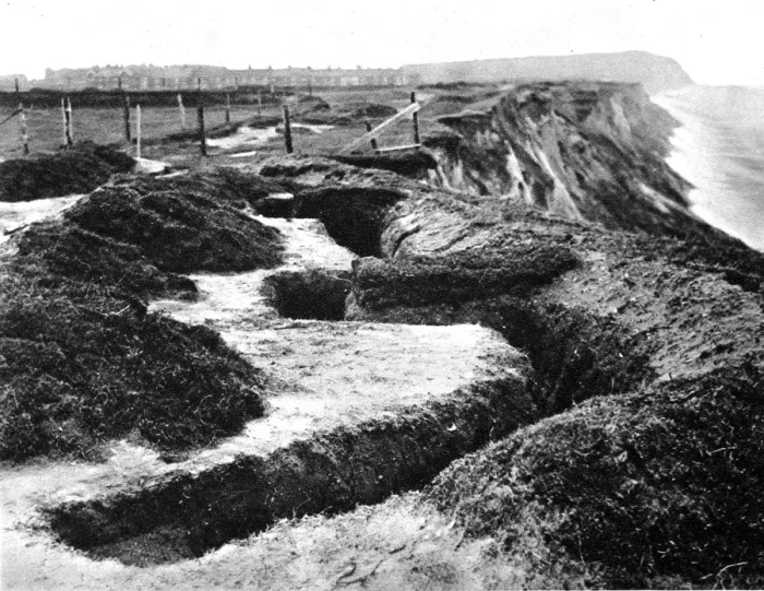 Framed Print : Entrenchments, similar to the type used at the front, on the cliffs along the east coast of England Framed Print : Entrenchments, similar to the type used at the front, on the cliffs along the east coast of England