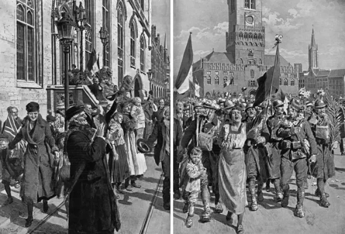 Framed Print : Entry of Belgian troops into Bruges, 1918 by Matania Framed Print : Entry of Belgian troops into Bruges, 1918 by Matania