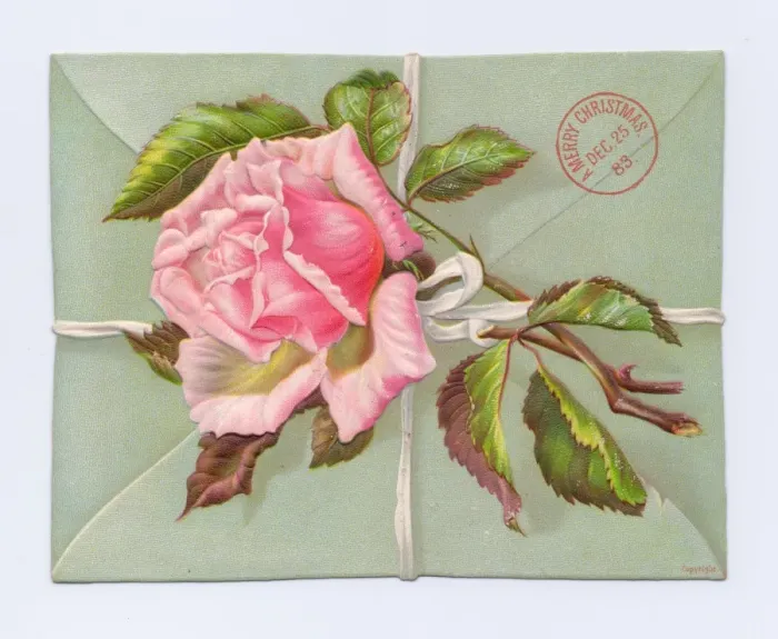 Framed Print : Envelope with pink rose on a Christmas card Framed Print : Envelope with pink rose on a Christmas card