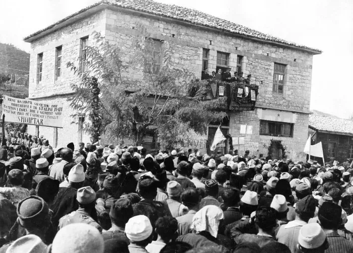 Framed Print : Enver Hoxha's speech in Mallakast; Albania