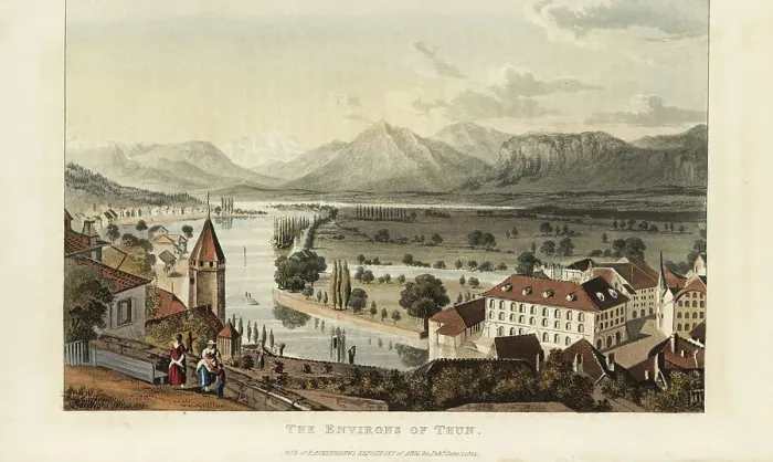 Framed Print : The environs of Thun, showing the town, lake and mountains, Cant Framed Print : The environs of Thun, showing the town, lake and mountains, Cant