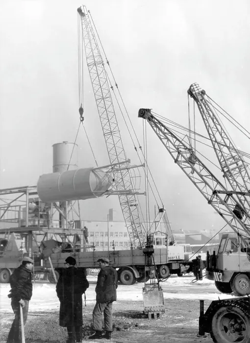 Framed Print : Erecting a grain silo using cranes Framed Print : Erecting a grain silo using cranes