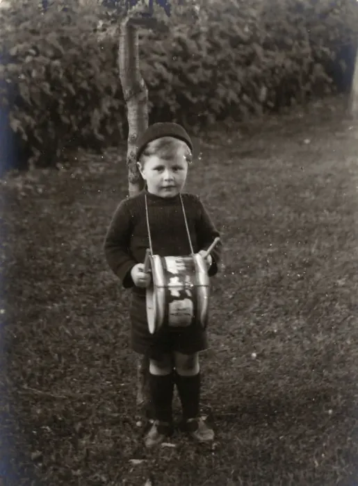 Framed Print : Eric Atherton Smith - young boy aged 3 with his toy drum Framed Print : Eric Atherton Smith - young boy aged 3 with his toy drum