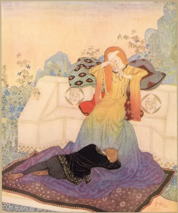 Framed Print : Eric lay now, stretched at the feet of the woman he could not leave. Illustration by Edmund Dulac to The Dreamer of Dreams by Queen Marie of Roumania. Date: 1915 Framed Print : Eric lay now, stretched at the feet of the woman he could not leave. Illustration by Edmund Dulac to The Dreamer of Dreams by Queen Marie of Roumania. Date: 1915