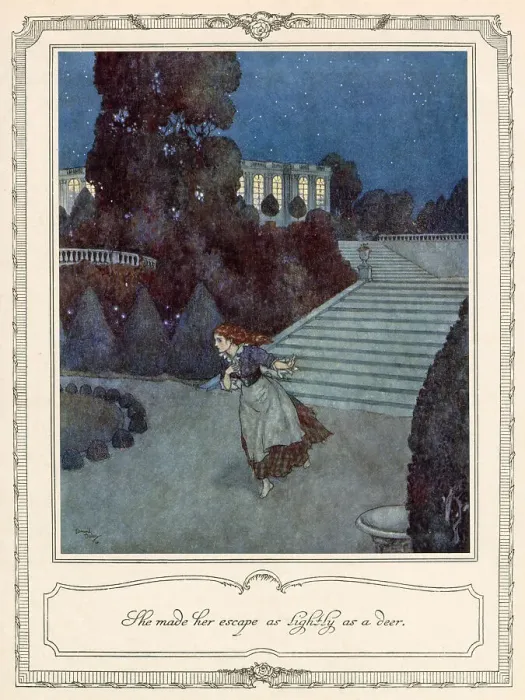Framed Print : She made her escape as lightly as a deer. Cinderella flees from the ball when the clock strikes midnight. Illustration by Edmund Dulac. Date: 1911 Framed Print : She made her escape as lightly as a deer. Cinderella flees from the ball when the clock strikes midnight. Illustration by Edmund Dulac. Date: 1911