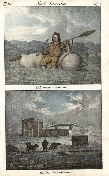Eskimo or Inuit man riding a raft, and huts