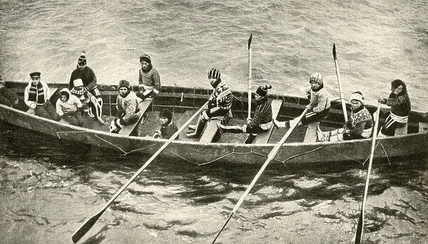 Eskimos rowing a boat, Greenland