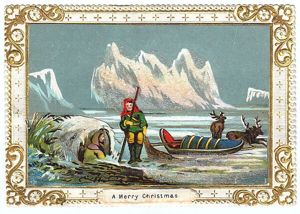 Eskimos in the snow on a Christmas card
