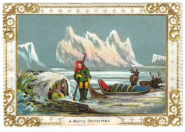Framed Print : Eskimos in the snow on a Christmas card Framed Print : Eskimos in the snow on a Christmas card