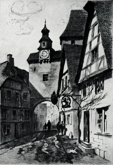 Framed Print : An etching of a busy town, Rothenburg, in Bavaria, Germany. Half timbered houses line the cobblestone lanes going under the clocktower archway. Date: circa 1930 Framed Print : An etching of a busy town, Rothenburg, in Bavaria, Germany. Half timbered houses line the cobblestone lanes going under the clocktower archway. Date: circa 1930