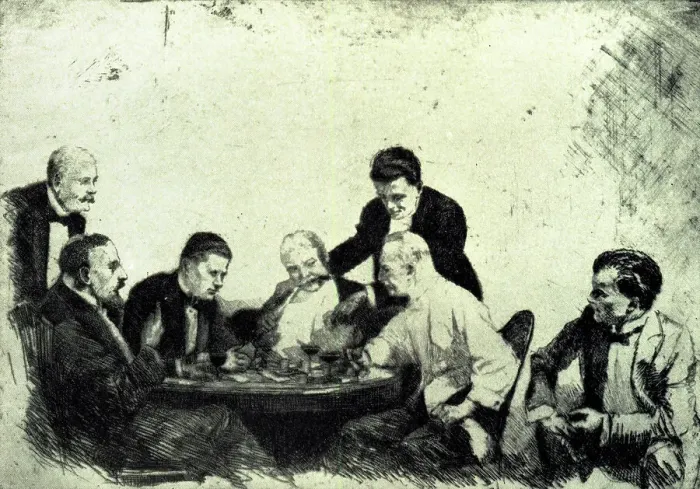Framed Print : An etching depicting a heated game, being played by four gambling men, with three other onlookers. Date: circa 1923 Framed Print : An etching depicting a heated game, being played by four gambling men, with three other onlookers. Date: circa 1923