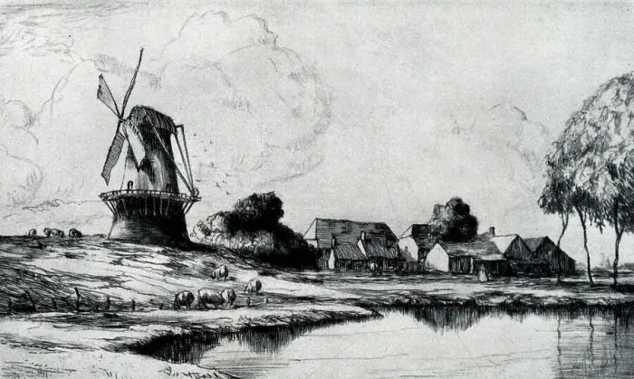 Framed Print : Etching and drypoint combination of a large windmill, stood beside a group of farm houses by a lake. Date: circa 1931 Framed Print : Etching and drypoint combination of a large windmill, stood beside a group of farm houses by a lake. Date: circa 1931