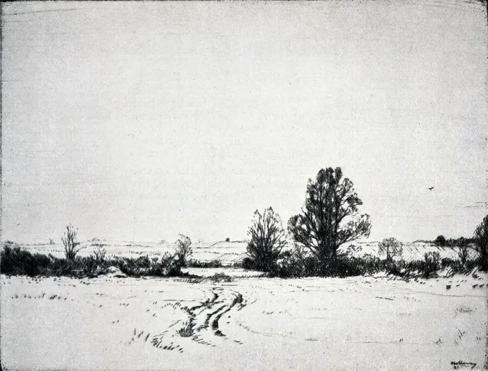 Framed Print : An etching of a flat landscape, with track marks in the foreground. Date: circa 1931 Framed Print : An etching of a flat landscape, with track marks in the foreground. Date: circa 1931