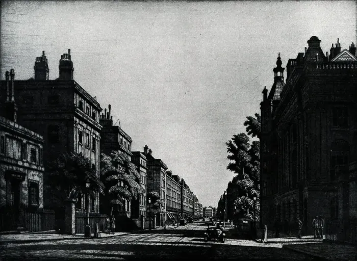 Framed Print : Etching of Harley Street, in Marylebone, Central London, the street is famed for being well populated in specialists of Medicine and surgery. Named after Thomas Harley, Lord Mayor of London in 1767. Date: circa 1930 Framed Print : Etching of Harley Street, in Marylebone, Central London, the street is famed for being well populated in specialists of Medicine and surgery. Named after Thomas Harley, Lord Mayor of London in 1767. Date: circa 1930