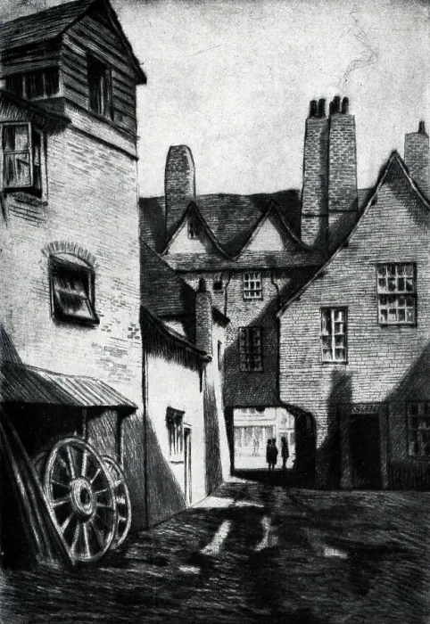 Framed Print : An etching of some houses in Marlborough, Wiltshire. Some large wagon wheels can be seen leant against the closest building. Date: circa 1930 Framed Print : An etching of some houses in Marlborough, Wiltshire. Some large wagon wheels can be seen leant against the closest building. Date: circa 1930