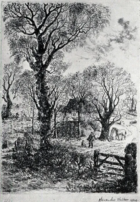 Framed Print : An etching of a shabby countryside, with tall trees and hedges. Two men and a horse can be seen in the distant clearing. Date: circa 1931 Framed Print : An etching of a shabby countryside, with tall trees and hedges. Two men and a horse can be seen in the distant clearing. Date: circa 1931