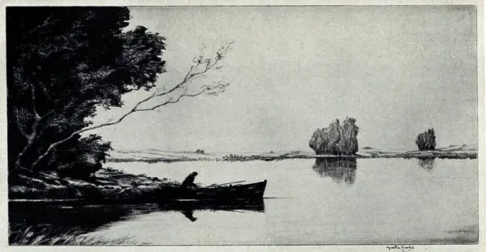 Framed Print : An etching showing the dark shape of a small ferry boat, with a man travelling on it, possibly on a lake in Scotland. Date: circa 1925 Framed Print : An etching showing the dark shape of a small ferry boat, with a man travelling on it, possibly on a lake in Scotland. Date: circa 1925
