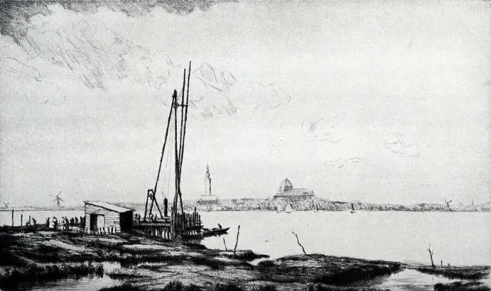 Framed Print : Etching showing a jetty under construction in foreground, town and churches across water. Date: circa 1931 Framed Print : Etching showing a jetty under construction in foreground, town and churches across water. Date: circa 1931