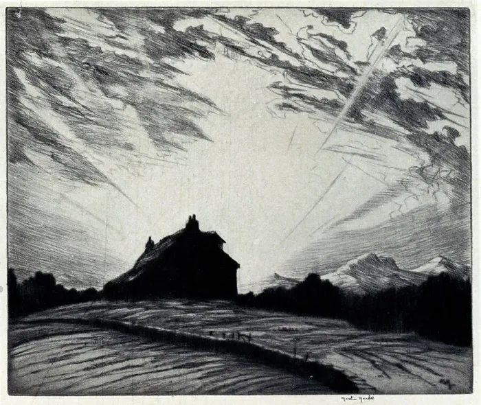 Framed Print : This etching shows a silhouetted form of a house, cast by a glorious sunset on a large Scottish hill. Date: circa 1925