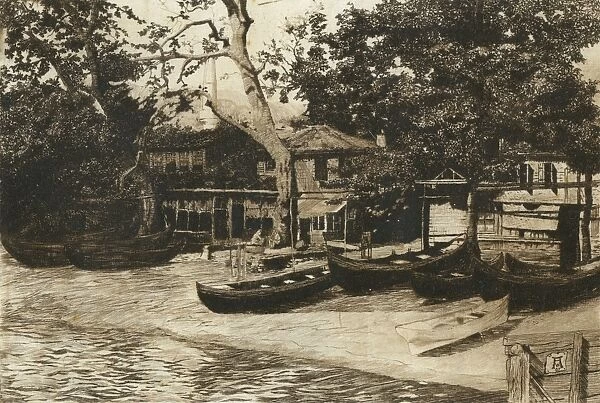 Etching by Willy Auerbach, waterside scene with boats