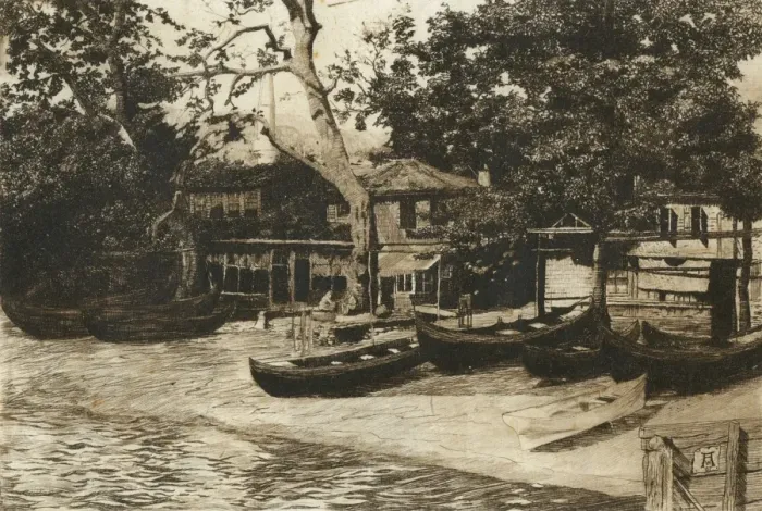 Framed Print : Etching by Willy Auerbach, waterside scene with boats Framed Print : Etching by Willy Auerbach, waterside scene with boats