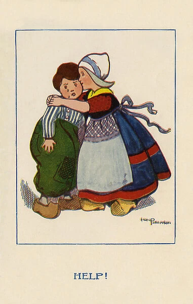 Help. An unwelcome embrace from a pretty Dutch girl. Artist: Ethel Parkinson Date: 1915
