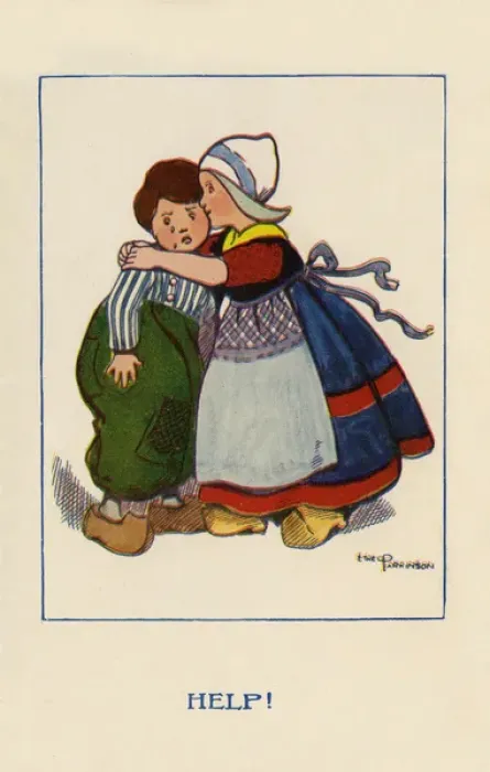 Framed Print : Help. An unwelcome embrace from a pretty Dutch girl. Artist: Ethel Parkinson Date: 1915 Framed Print : Help. An unwelcome embrace from a pretty Dutch girl. Artist: Ethel Parkinson Date: 1915