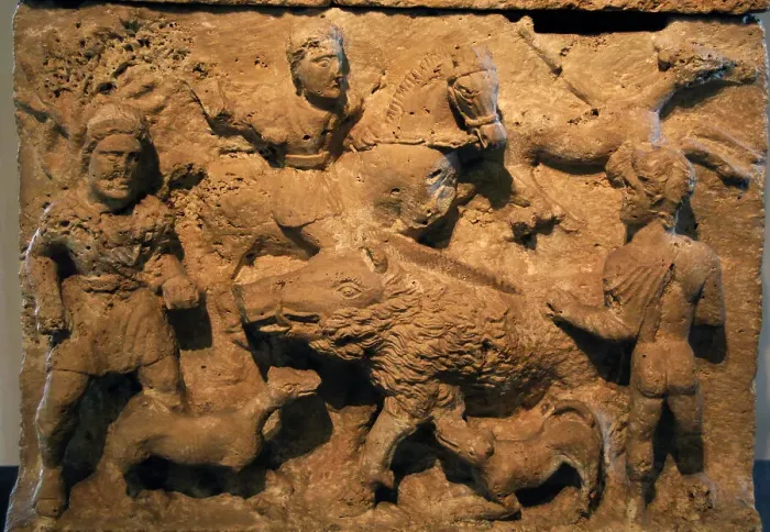 Framed Print : Etruscan Art. Italy. Travertine's sarcophagus-urn. Boar hunt Framed Print : Etruscan Art. Italy. Travertine's sarcophagus-urn. Boar hunt