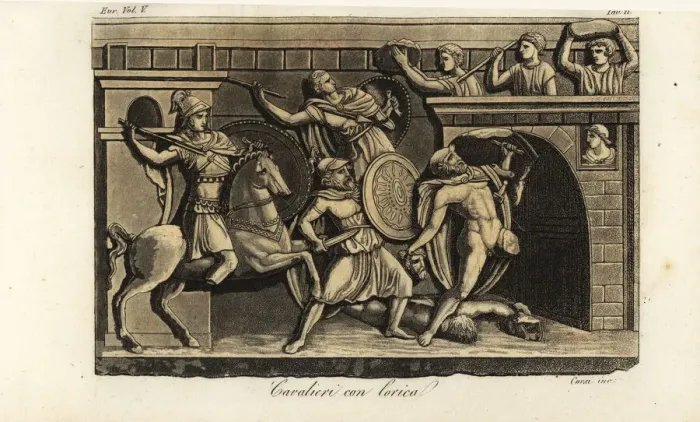 Framed Print : Etruscan cavalry and warriors at the siege of Thebes Framed Print : Etruscan cavalry and warriors at the siege of Thebes