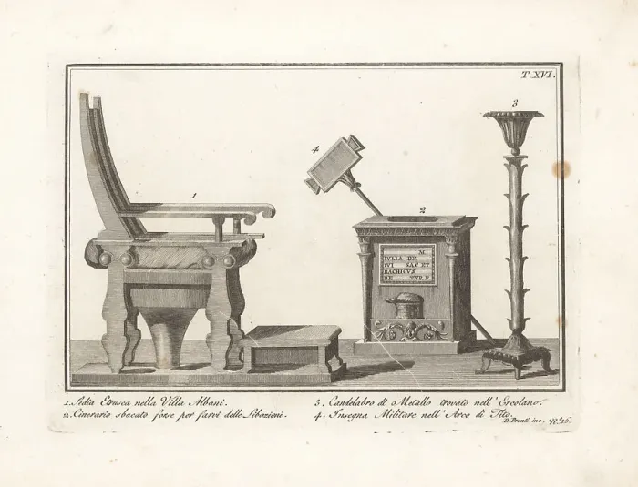 Framed Print : Etruscan chair, funeral urn and Roman standard Framed Print : Etruscan chair, funeral urn and Roman standard