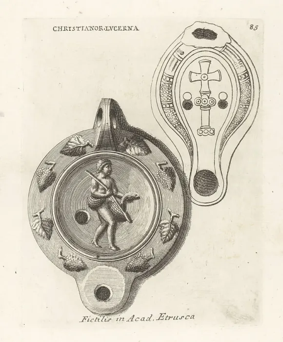 Framed Print : Etruscan Christian clay lantern decorated with a fisherman Framed Print : Etruscan Christian clay lantern decorated with a fisherman