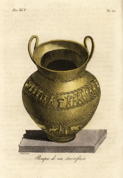 Framed Print : Etruscan sacrificial rites depicted on a gilded silver vase Framed Print : Etruscan sacrificial rites depicted on a gilded silver vase