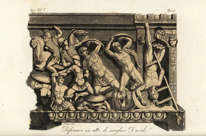 Framed Print : Etruscan warriors hit by Greek arrows at the siege of Thebes Framed Print : Etruscan warriors hit by Greek arrows at the siege of Thebes