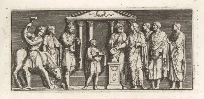 Framed Print : An Etruscan woman burns offerings at an altar before a temple Framed Print : An Etruscan woman burns offerings at an altar before a temple