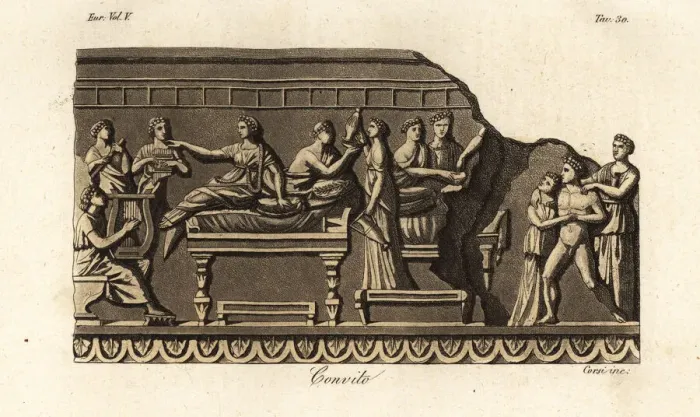 Framed Print : Etruscans in garlands lying on couches at a feast Framed Print : Etruscans in garlands lying on couches at a feast