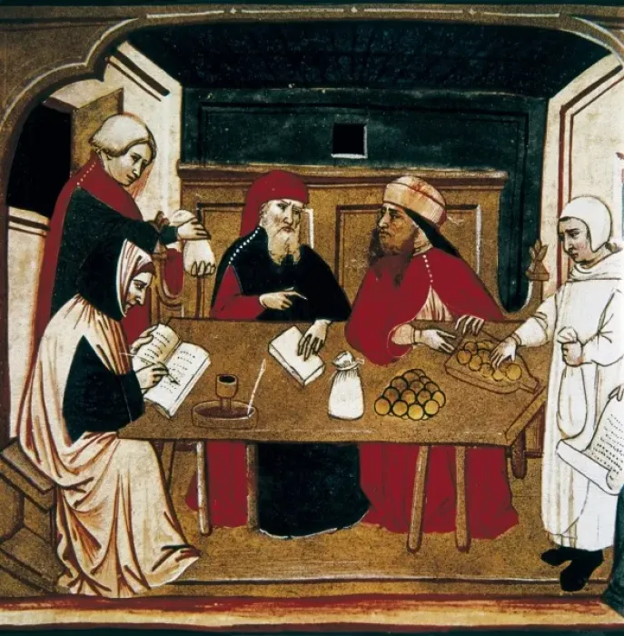 Framed Print : Europe (15th c. ). Merchants stipulating a contract Framed Print : Europe (15th c. ). Merchants stipulating a contract
